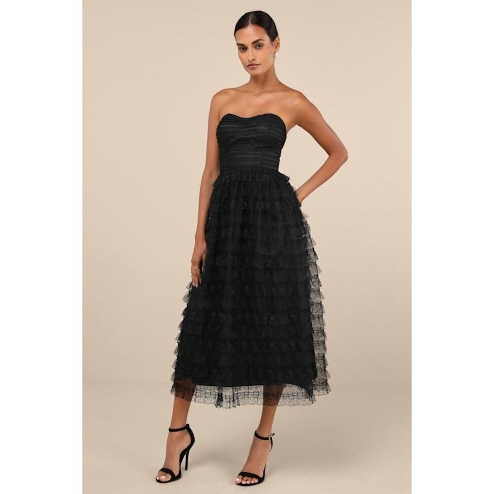 Lulus Immensely Exquisite Black Tulle Strapless Tiered Midi Dress - Size M